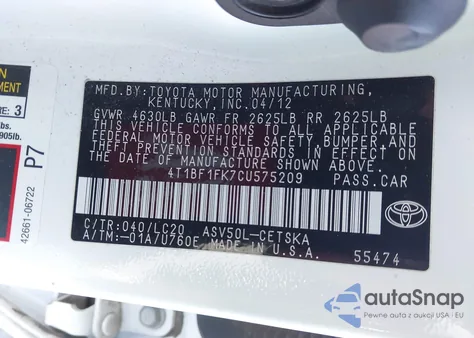 2012 Toyota Camry Se from USA, damaged, VIN 4T1BF1FK7CU575209